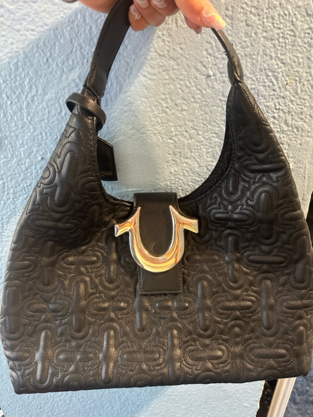 True Religion Black Quilted Leather Shoulder Bag with Gold Hardware